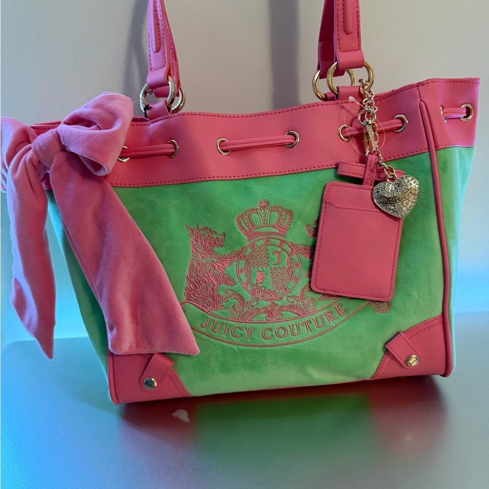 Juicy Couture Pink and Green Crest Tote with Bow Charm